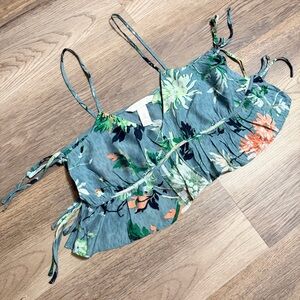 Floral Green and Orange Crop Top with Ruffle Hem